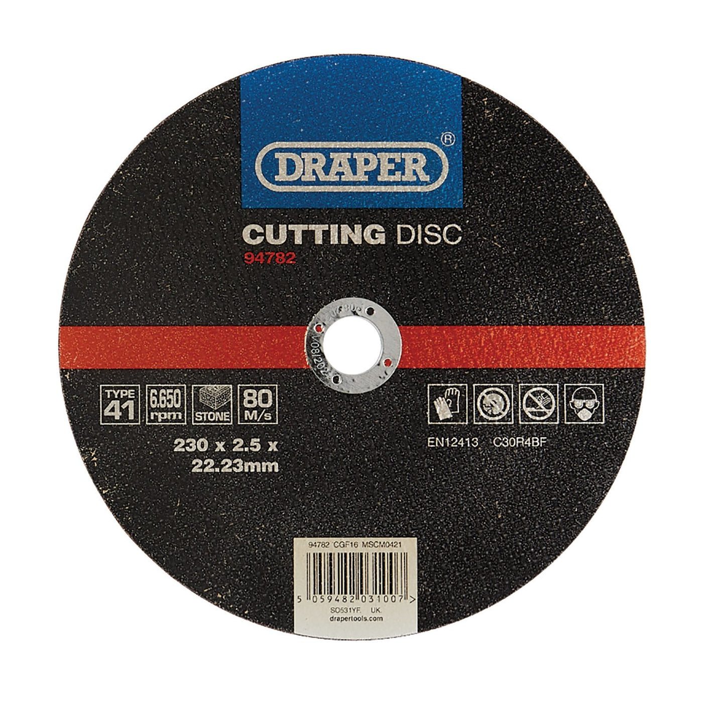 The Draper Flat Stone Cutting Disc, with dimensions 230 x 2.5 x 22.23 mm and model number CGF16, is ideal for stone cutting. Made by Draper, it features various specifications and safety icons.