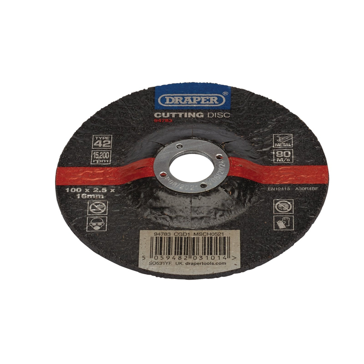 The Draper Dpc Metal Cutting Disc, 100 x 2.5 x 16mm - CGD1, boasts an impressive 15,200 RPM and falls under types 42 and 5847. Ideal for metal working applications, this aluminium oxide disc from Draper features a distinct red stripe and barcode for easy identification.