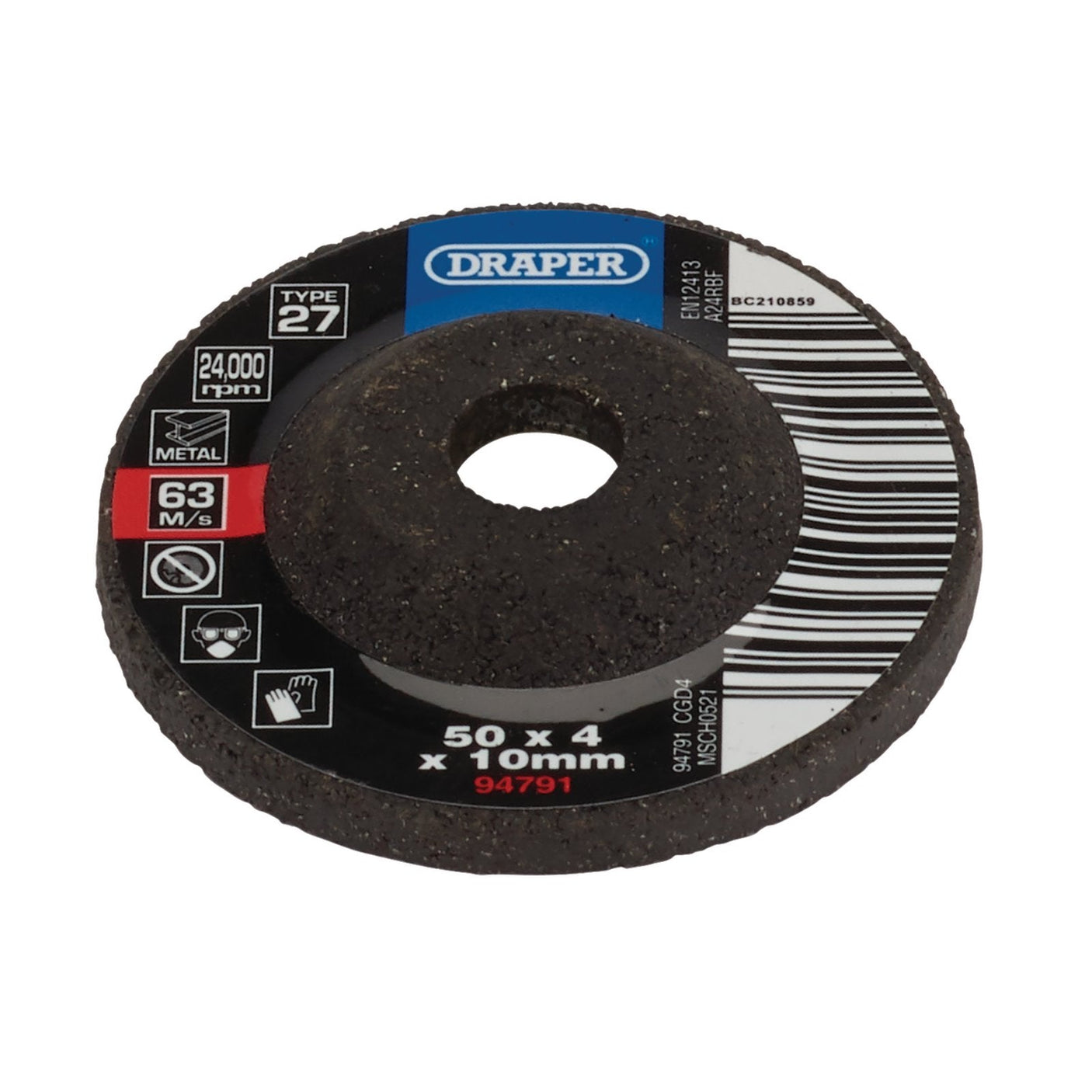 The Draper Dpc Metal Grinding Disc, measuring 50 x 4 x 10mm with a maximum speed of 63 m/s and specification number CGD4, is an aluminium oxide wheel ideal for steel grinding applications.