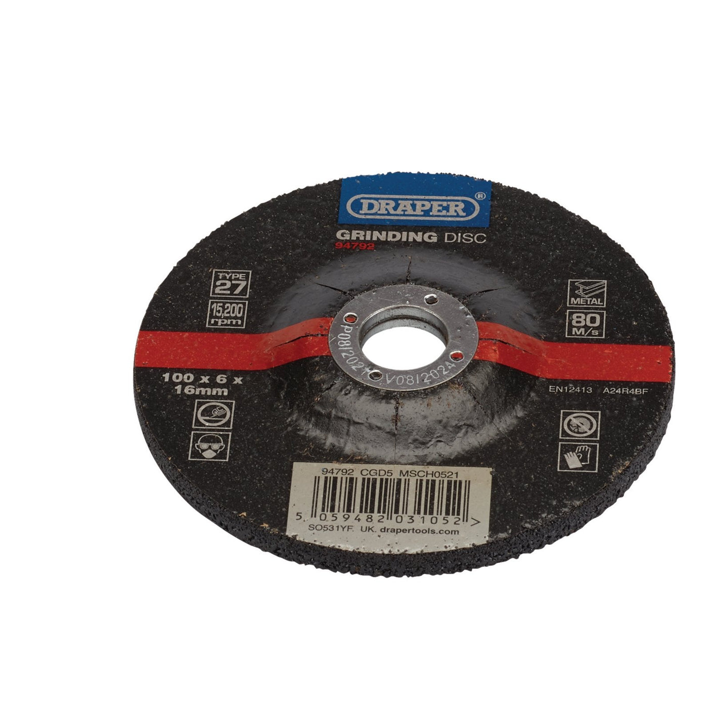 The Draper Dpc Metal Grinding Disc, 100 X 6 X 16mm - CGD5, from Draper, has specifications of a 100x6 mm diameter, a shape of 27, an RPM of 15,200, and is designed for grinding metal and steel.