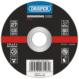 An image of a Draper DPC Metal Grinding Disc with specifications: Type 27, 13,300 RPM, 115 x 6 x 22.23mm, 80 m/s. Ideal for metalworking applications, model CGD6 features durable aluminium oxide for enhanced efficiency.