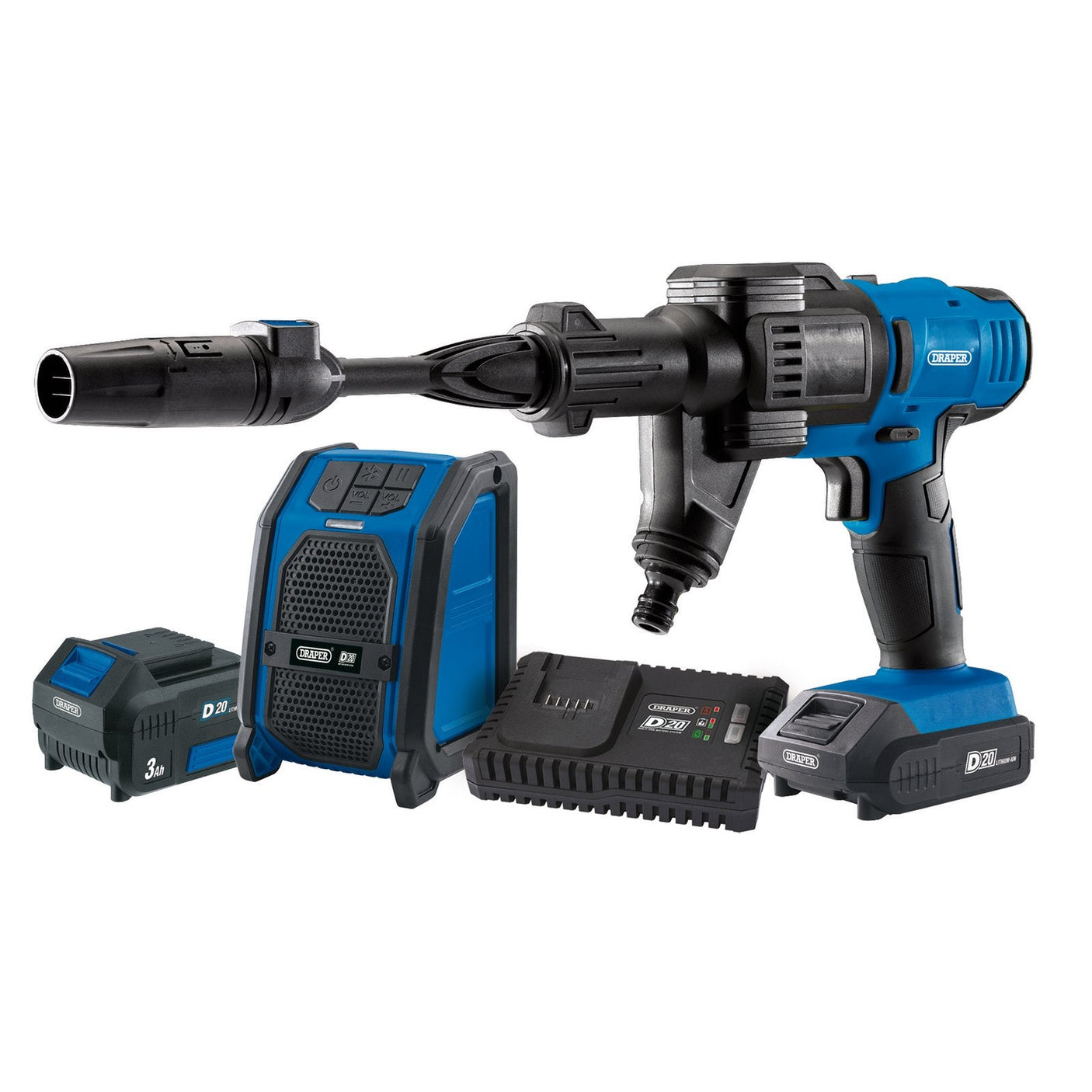 A blue and black Draper cordless power drill kit that comes with attached accessories, including one 2.0Ah D20 Lithium battery, one 3.0Ah D20 Lithium battery, a fast charger, and a power tool case.