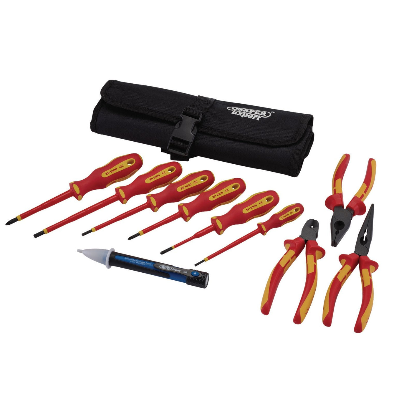 Introducing the Draper Xp1000® VDE Electrical Tool Kit (10 Piece) - XP1000/TK2, a premium set of electricians' tools that includes insulated screwdrivers made from high-quality steel, pliers, and a voltage tester featuring dual-layer insulated sheaths. All tools come with red and yellow handles, ideal for electrical work, and are conveniently housed in a black roll-up pouch.