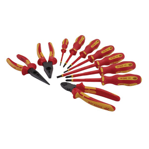 The Draper Xp1000® Vde Screwdriver And Pliers Set (10 Piece) - XP1000/TK3, by the renowned brand Draper, features high-quality electricians' tools with red and yellow handles, including pliers, wire cutters, and various insulated screwdrivers, all arranged in a semicircle.