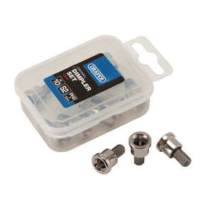 A Draper Drywall Dimpler Set, PH2 x 25mm (10 Piece) - PH2DIMP/B plastic box containing a set of S2 steel alloy dimplers with three individual PH2x25mm drywall dimplers displayed outside the box.