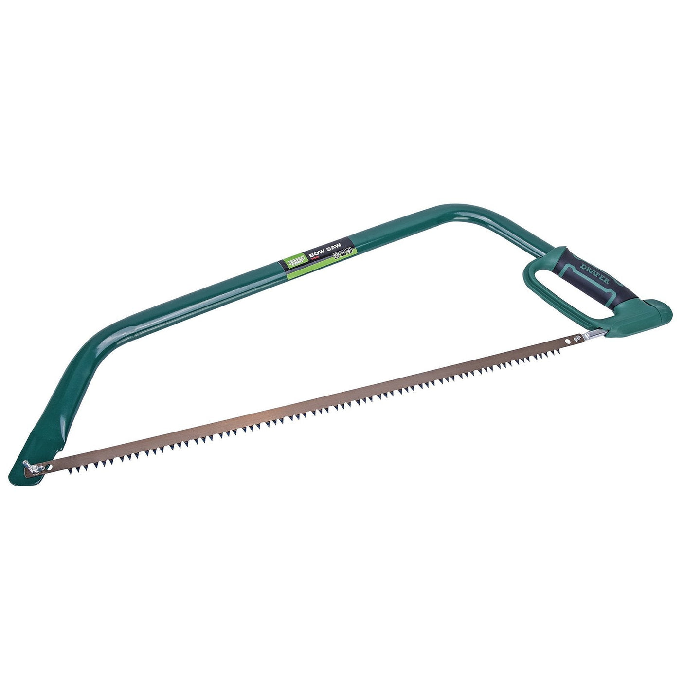 The Draper Bow Saw, 600mm - GBS600/S features a green handle and a high carbon steel cutting blade that is sharp and serrated, specifically designed for cutting wood. It comes equipped with a soft grip handle and a blade tensioner to ensure enhanced performance.