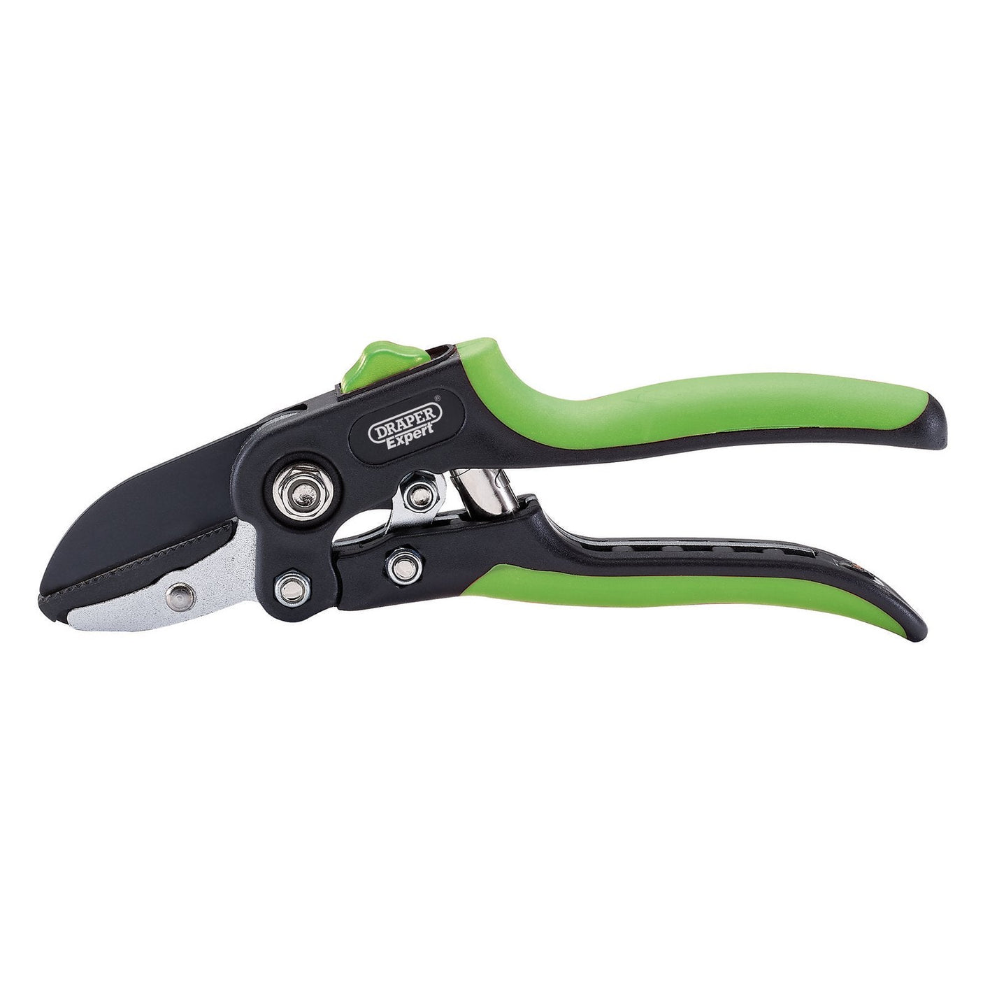 Close-up of Draper Expert Anvil Pattern Secateurs, 200mm - GASE2, with green handles and a black and silver blade mechanism featuring high-quality carbon steel blades.