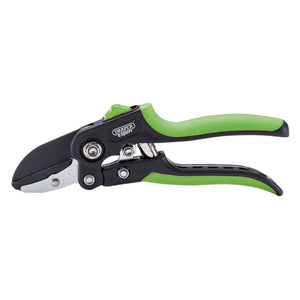 Close-up of Draper Expert Anvil Pattern Secateurs, 200mm - GASE2, with green handles and a black and silver blade mechanism featuring high-quality carbon steel blades.