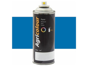 A blue aerosol spray paint can labeled "Agricolour Paint - Ultramarine Blue" from the brand Sparex, with a yellow nozzle on top. The can has a volume of 400 ml, a coverage area of 2m², and provides a sleek gloss finish. The product is listed under Sparex Part Number S.95002.