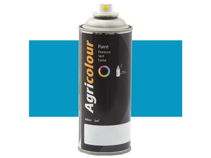 A 400ml can of Sparex Agricolour Light Blue paint, featuring a black label and a yellow spray nozzle, labeled "Paint - Agricolour - Light Blue, Gloss 400ml Aerosol" indicating a light blue color. It includes usage instructions and offers coverage of 2m², ideal for preparing metal surfaces and ensuring a professional gloss finish every time.