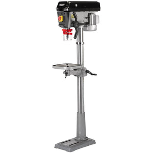 The Draper 16 Speed Heavy Duty Floor Standing Drill, model DP650/16E, features a 650W black motor housing, dual switches, a gray metal column, and an adjustable table on its base. With its impressive 19mm drilling capacity, this versatile drill press is perfect for engineering workshops.