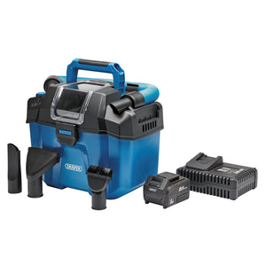 The Draper D20 20V Wet and Dry Vacuum Cleaner, PTKD20PTK/VC, comes in blue and black, includes a carrying handle and features several attachments and accessories such as a 4.0Ah battery, a fast charger, and an adjustable power function.