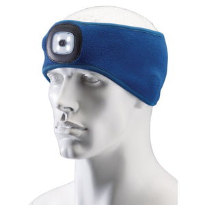 A mannequin head is adorned with the Draper Headband with USB Rechargeable LED Torch, 1W, Blue, One Size - HBT-B, featuring a built-in square hands-free headlamp in the center of the forehead, perfect for illuminating your path.