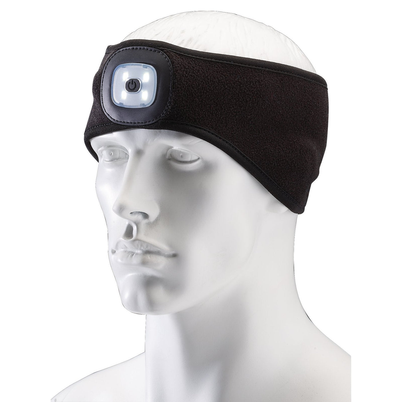 A mannequin head showcases the Draper Headband With USB Rechargeable LED Torch, 1W, Black, One Size - HBT-BL, which features an attached LED light on the front, making it perfect as a hands-free headlamp.