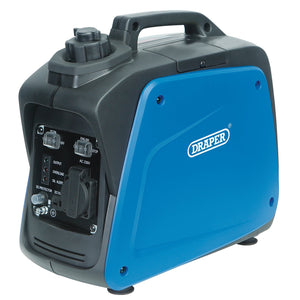 The Draper Petrol Inverter Generator, 700W - DGI800DI, features a blue casing and includes pure sine wave inverter technology, various controls and outputs, and a convenient carrying handle on top. This efficient device operates with a robust 4-stroke petrol engine.