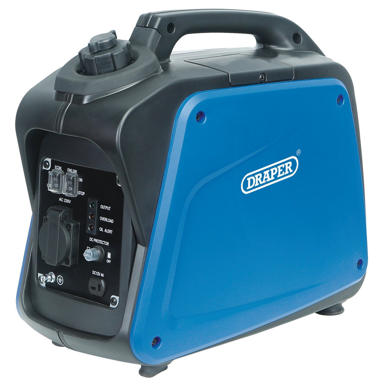 A blue and black Draper Petrol Inverter Generator, 1000W - DGI1200DI, equipped with multiple outlets and switches, designed for outdoor power supply, featuring a reliable 4-stroke engine.