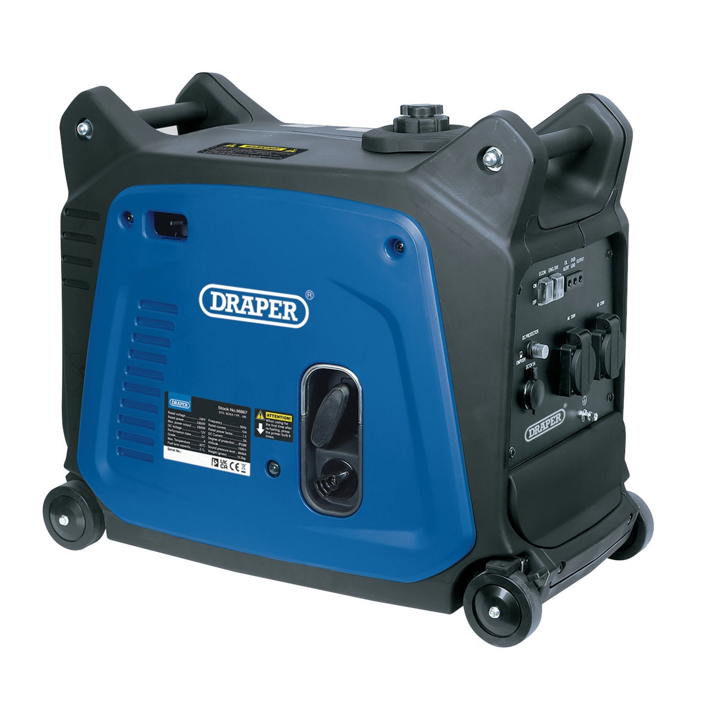 The Draper Petrol Inverter Generator, 2300W - DGI2600DI is a blue and black portable generator featuring a 4-stroke petrol engine. It comes equipped with a handle, wheels, a control panel, and a ventilation system.