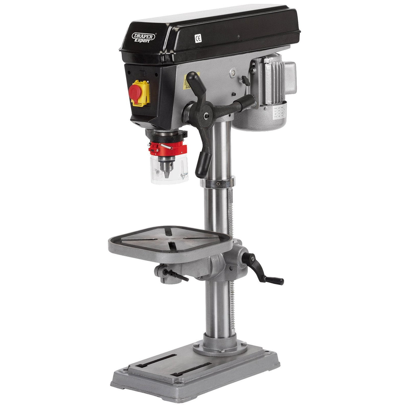 The Draper 16 Speed Heavy Duty Bench Drill, 650W - BD650/16E is a robust bench-top drill press designed in black and gray. It comes with an adjustable platform, a bright yellow power switch featuring a red safety cover, and a crank for height adjustments, making it ideal for engineering and fabrication workshops.