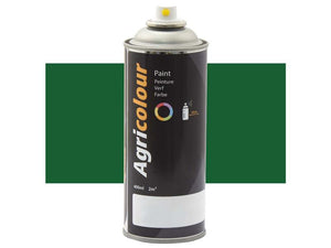 A can of Sparex aerosol spray paint, labeled "Paint - Agricolour - Dark Green, Gloss 400ml Aerosol," Sparex Part Number S.95589, with a capacity of 400ml and coverage of 2m², displayed against a dark green background. The paint provides a sleek gloss finish.