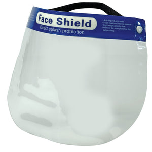 The Draper Disposable Face Shield – Bulk Buy (Pack Of 24) - *24XDFS by Draper features a clear plastic design with a blue label at the top, adorned with the "Face Shield" text. Equipped with an elastic band for securing around the head, it offers maximum visibility and all-day comfort while providing direct splash protection.