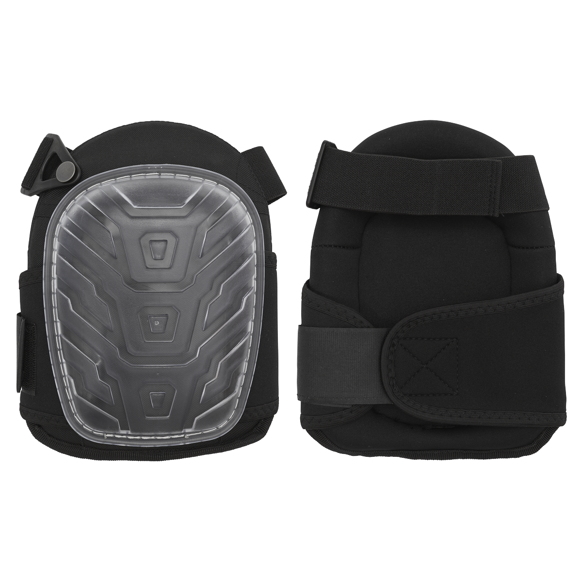 Two Sealey Hard Shell Gel Knee Pads (9711) with black protective coverings and adjustable wide straps are displayed against a white background.