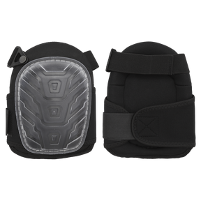 Two Sealey Hard Shell Gel Knee Pads (9711) with black protective coverings and adjustable wide straps are displayed against a white background.