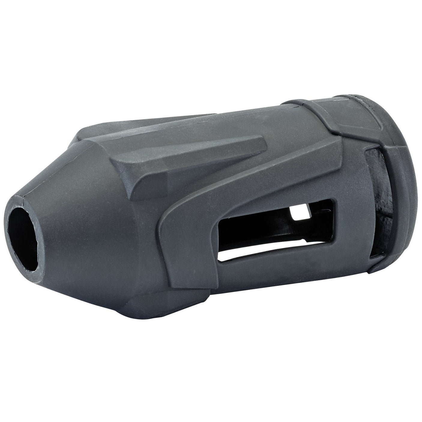 Rewrite: A black protective rubber sleeve/boot for XP20 high torque impact wrenches, featuring cut-out slots on the sides and a narrow opening at one end, from the brand Draper.