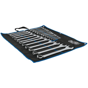 The Draper Hi-Torq® Metric Combination Spanner Set, 6-32mm (25 Piece) - 8239/25/MM includes a range of wrenches in various sizes, made from chrome vanadium steel for added durability, all neatly arranged in an open black and blue tool roll.