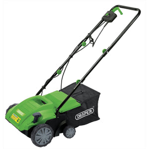 A Draper 230V 2-In-1 Lawn Aerator And Scarifier, 320mm, 1500W - GLAS1500D in green and black, featuring a grass collection bag and adjustable handle, is shown on a white background.