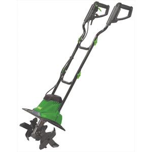 The Draper 230V Tiller, model GT800/360D, is a lightweight gardening tool with an 800W motor. It features a safety switch, two ergonomic handles, and rotating blades equipped with hardened steel tines, making it ideal for soil cultivation and various gardening tasks.