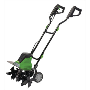 Image of the Draper Tiller GT1500/450D, a 450mm, 1500W green and black electric garden tiller with dual handlebars, two wheels, adjustable blades, and sharp metal tines for soil cultivation in vegetable plots.