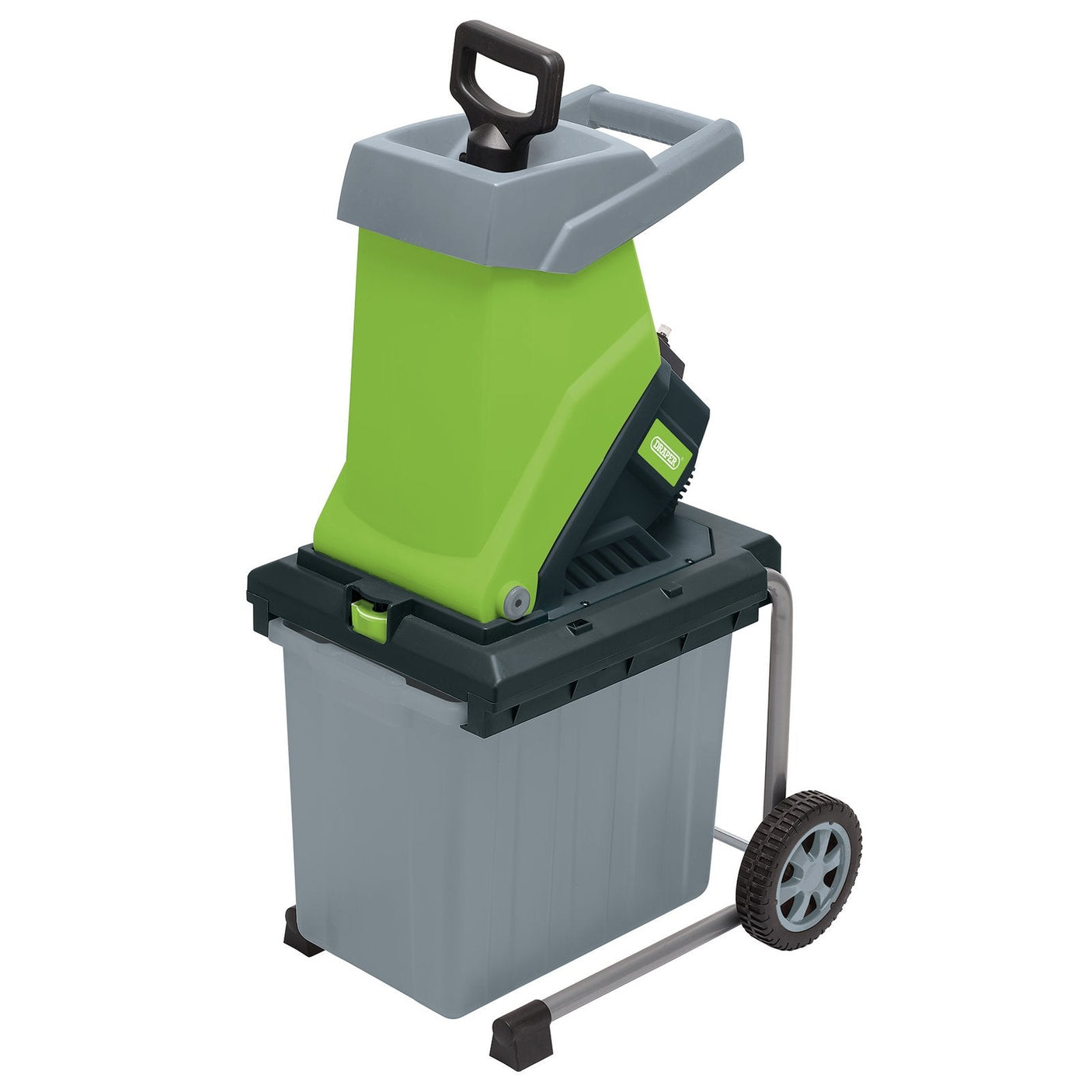 The Draper 230V Rapid Garden Shredder, 2500W - GRS2500D is a green and gray electric garden shredder with a top handle for easy maneuvering. It is mounted on a gray bin with wheels and features a metal frame, enhancing its portability. For secure operation, it includes safety switch protection.