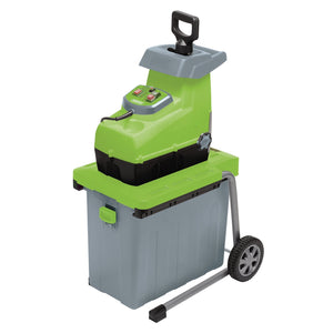 The Draper 230V Quiet Garden Shredder, 2800W - GSS2800D is a green and gray electric garden shredder featuring a top handle, control panel, and a large wheeled bin for collecting wood chips. It incorporates Quiet cutting technology and includes a safety switch protection system for enhanced security.