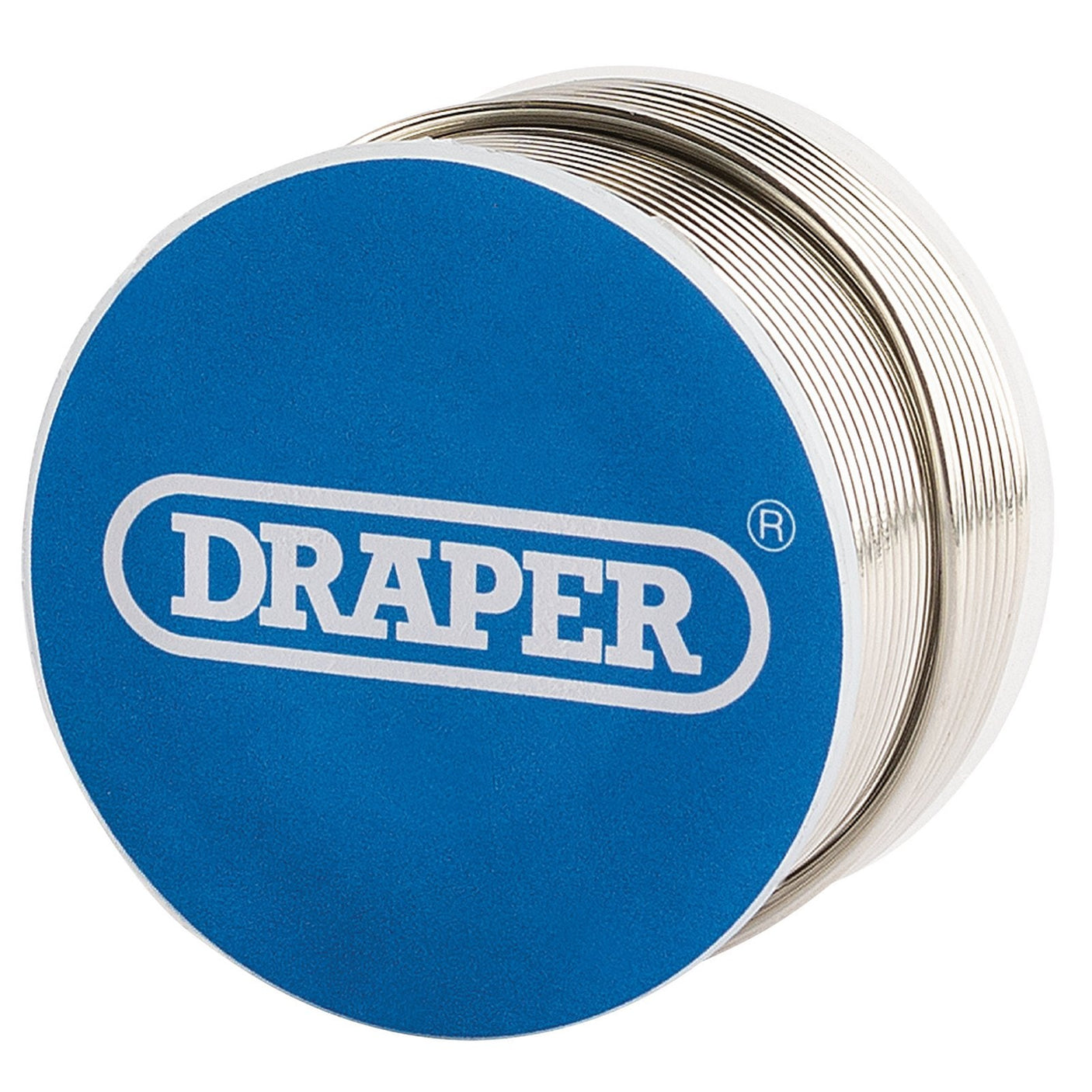 A reel of Draper Lead Free Flux Cored Solder, 1.2mm and 100g, with the brand name prominently displayed on a blue circular top, ideal for soldering enthusiasts.