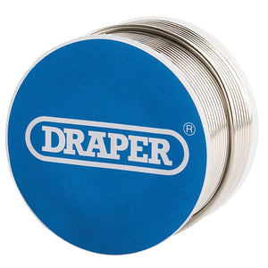 A reel of Draper Lead Free Flux Cored Solder, 1.2mm and 100g, with the brand name prominently displayed on a blue circular top, ideal for soldering enthusiasts.