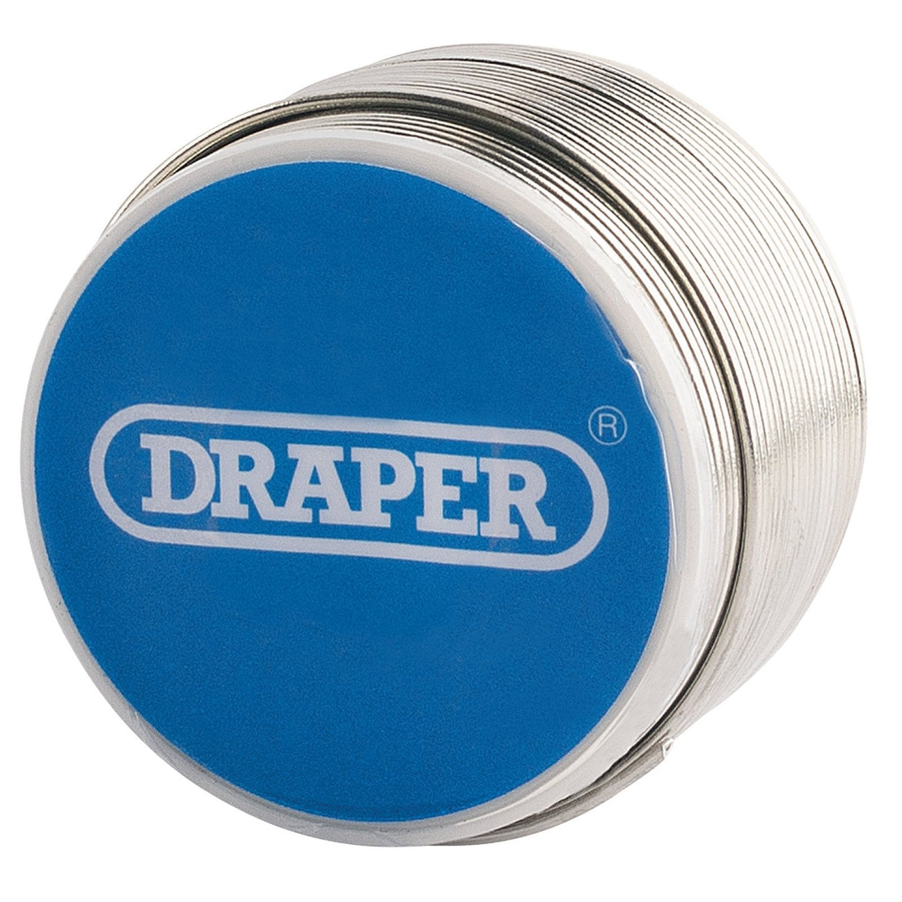 A spool of wire labeled "Draper," featuring a rosin flux core, with a blue cover. 

Product Name: Draper Reel Of Lead Free Flux Cored Solder, 1.2mm, 250G - SW 3 LEAD FREE