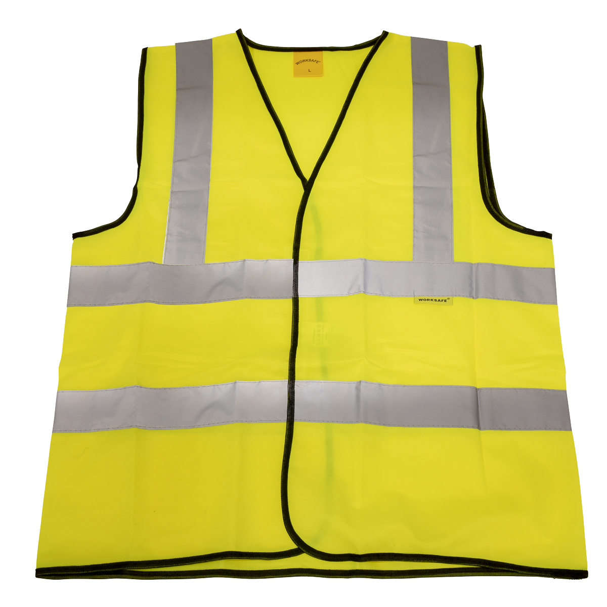 Introducing the Sealey Hi-Vis Waistcoat (Site and Road Use) in Medium (Product Code: 9804M), a bright yellow safety vest made from durable polyester, designed for high visibility. It features silver reflective tape arranged horizontally and vertically and complies with EN ISO 20471 standards.