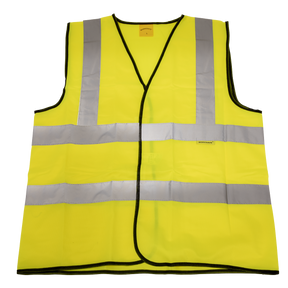 Introducing the Sealey Hi-Vis Waistcoat (Site and Road Use) in Medium (Product Code: 9804M), a bright yellow safety vest made from durable polyester, designed for high visibility. It features silver reflective tape arranged horizontally and vertically and complies with EN ISO 20471 standards.