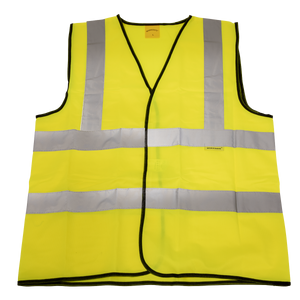 Introducing the Sealey Hi-Vis Waistcoat (Site and Road Use) in Medium (Product Code: 9804M), a bright yellow safety vest made from durable polyester, designed for high visibility. It features silver reflective tape arranged horizontally and vertically and complies with EN ISO 20471 standards.