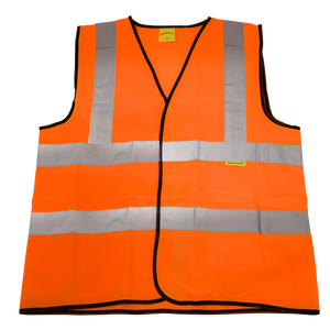 The Hi-Vis Orange Waistcoat (Site and Road Use) - XX-Large - 9812XXL by Sealey features reflective silver stripes on the front and back, boasting EN ISO 20471 Class 2 reflective tape for enhanced visibility.