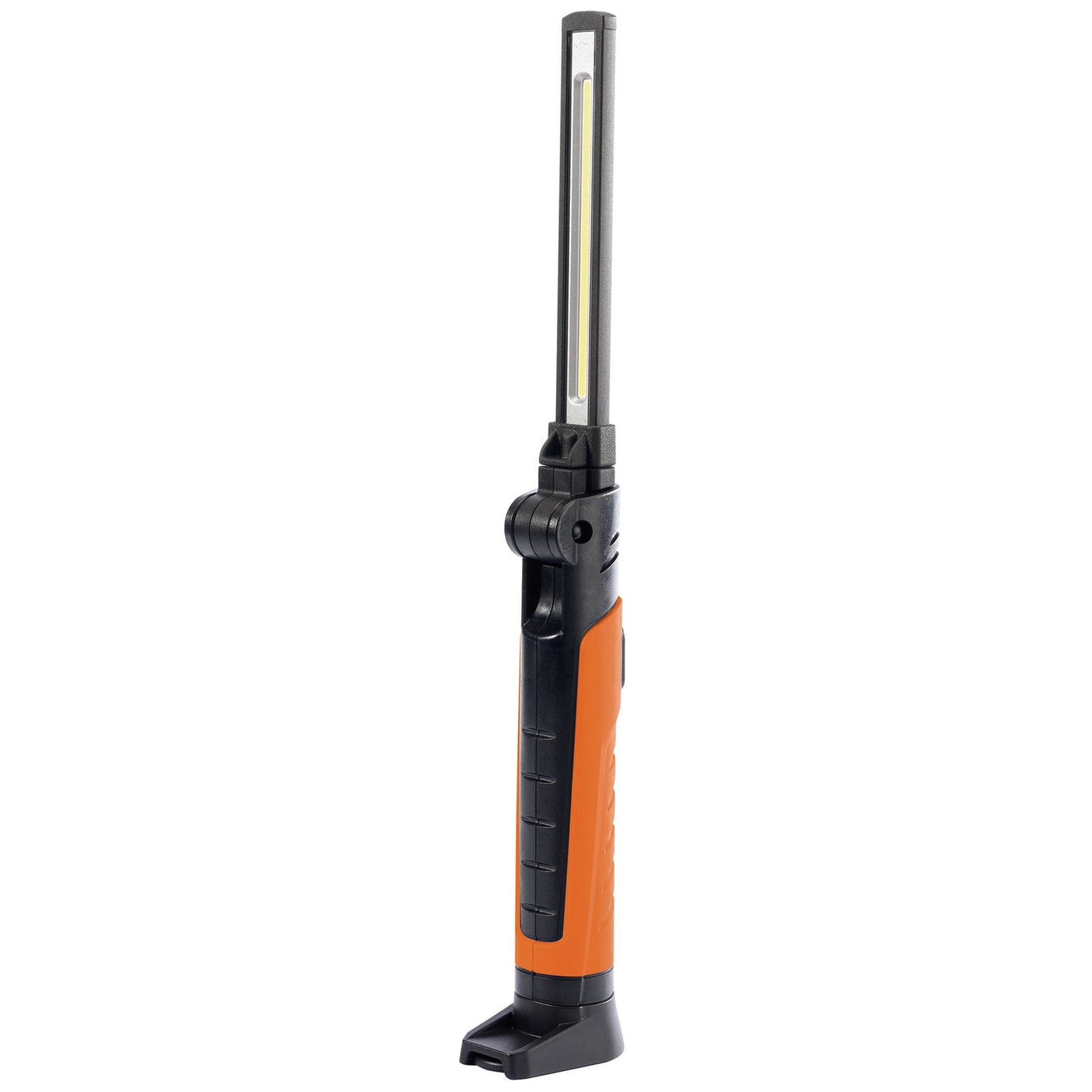 The Draper Cob/SMD LED Slimline Inspection Lamp, model RIL/SL700/O, is a 7W device with an output range of 70 - 700 lumens. It features an orange and black handle, a vertical rectangular light strip, and a foldable stand at the base. Additionally, it comes equipped with a magnetic base for easy attachment to metal surfaces and recharges conveniently using a Micro USB charger.