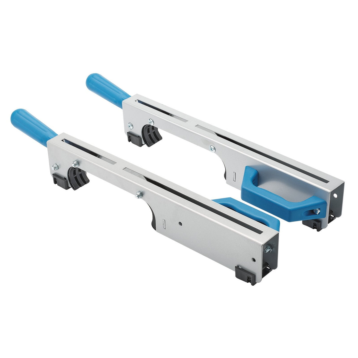 Two silver, rectangular door handle jigs with blue handles, featuring adjustable black knobs and slots for fitting and drilling, lie side by side on a white background. They blend seamlessly with other Draper workshop tools, such as Draper Mitre Saw Stands and the Draper Mounting Brackets, Silver (Pair) - AMSS165D/1.