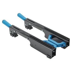 A pair of Draper Mounting Brackets, Black (AMSSM168D), featuring metal drawer slides with blue plastic handles, designed for mounting and sliding mechanisms, ideal for workshop tools.