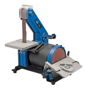 The Draper Storm Force® 230V Belt And Disc Sander, 300W - BDS300SF is a compact benchtop sander in blue, featuring an adjustable table and a dust collection port for efficient dust extraction.