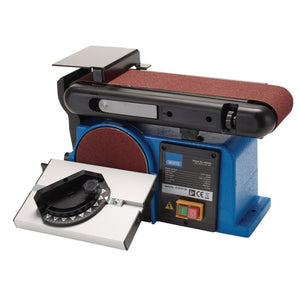 Image of the Draper 230V Belt And Disc Sander, 370W - BDS370D, featuring a sanding belt on top and a sanding disc on the side. It includes an adjustable work table, various controls at the base, and a dust extraction port for efficient wood sanding.