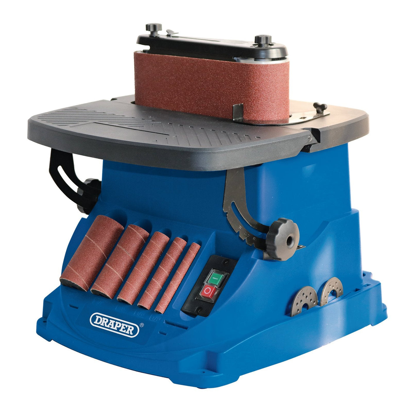 Product Description: The Draper 230V Oscillating Spindle And Belt Sander, 450W - OSBS450D, features multiple sanding sleeves attached to the front and a sanding drum on top. For any questions before ordering, please contact us.