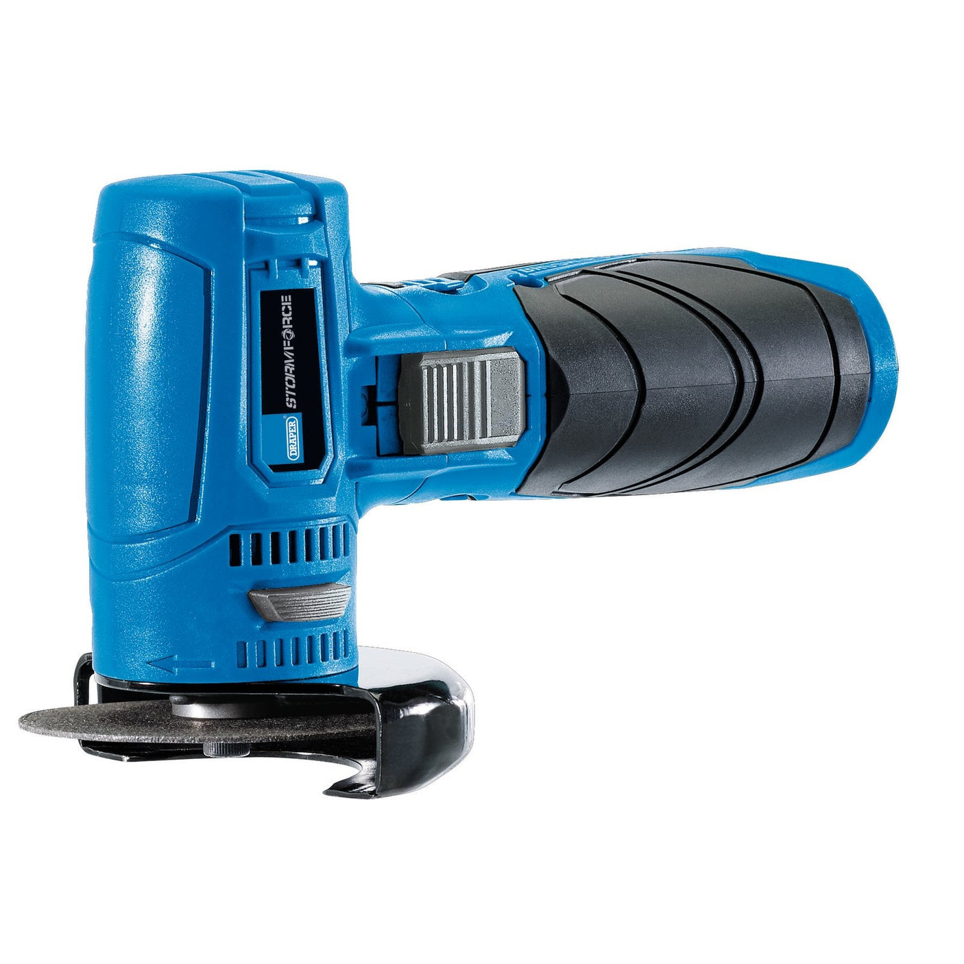 A blue and black Draper Storm Force® 10.8V Power Interchange Brushless Angle Grinder/Cut Off Tool, featuring a brushless motor, is placed upright on a white background.