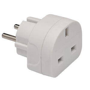 The Draper UK To European Travel Adaptor - TAE1 by Draper is a white electrical plug adapter with two round pins for European round two-pin sockets and a three-slot socket that accommodates UK three-pin plugs, compliant with BS 8546.