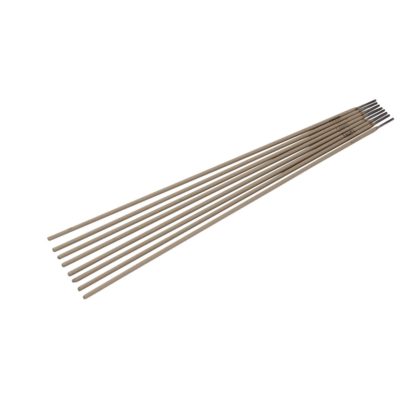 A set of nine Draper Welding Electrodes, 2.5mm (5Kg Pack) - WR25A/5KG arranged in a parallel alignment on a white background.