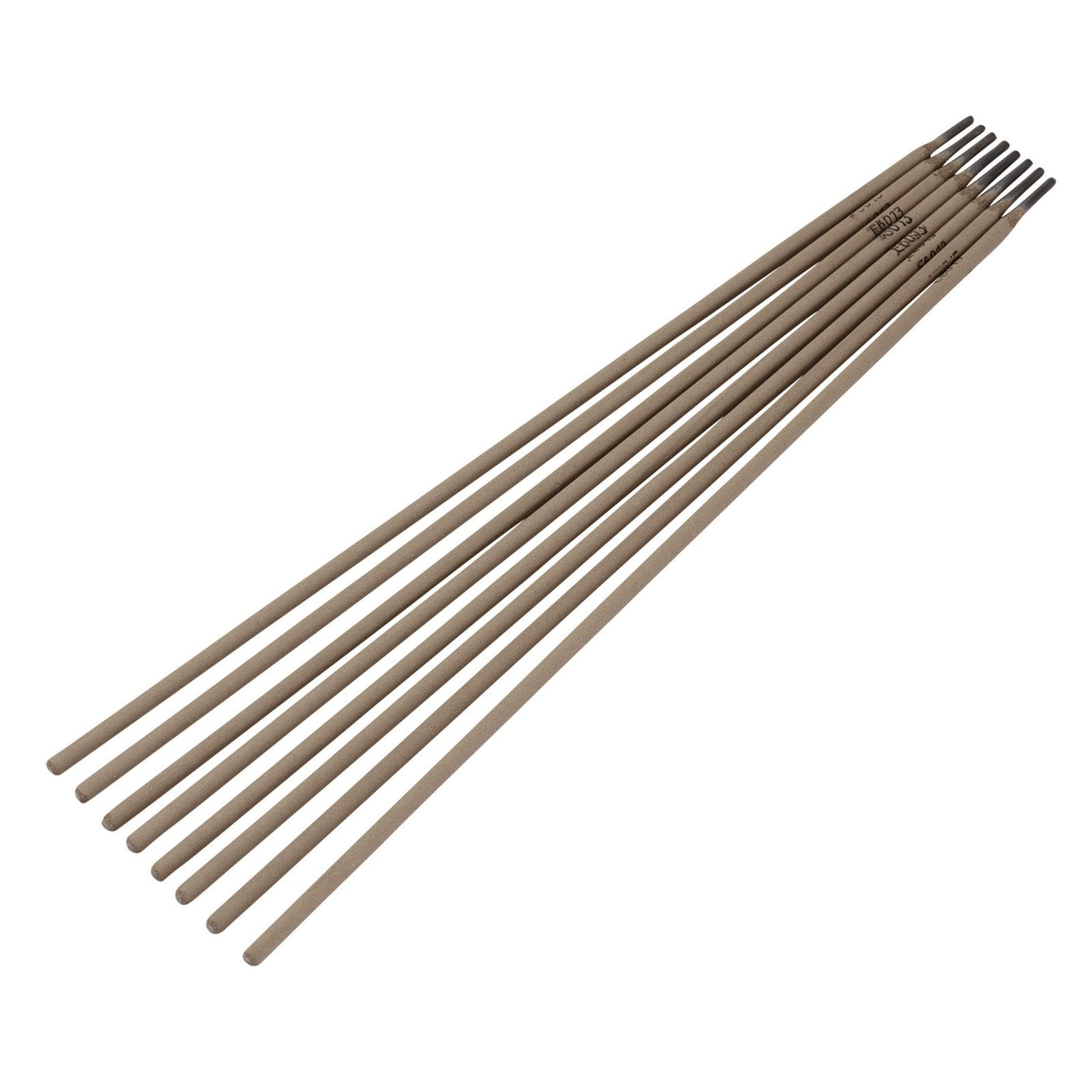 A set of ten Draper Welding Electrodes, 3.2mm (from the 5Kg Pack, WR32A/5KG), arranged in a fan shape, with metal tips at one end, perfect for welding mild steel.